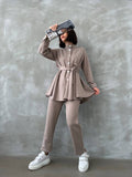 Taupe Peplum Gold Button Co-ord Set