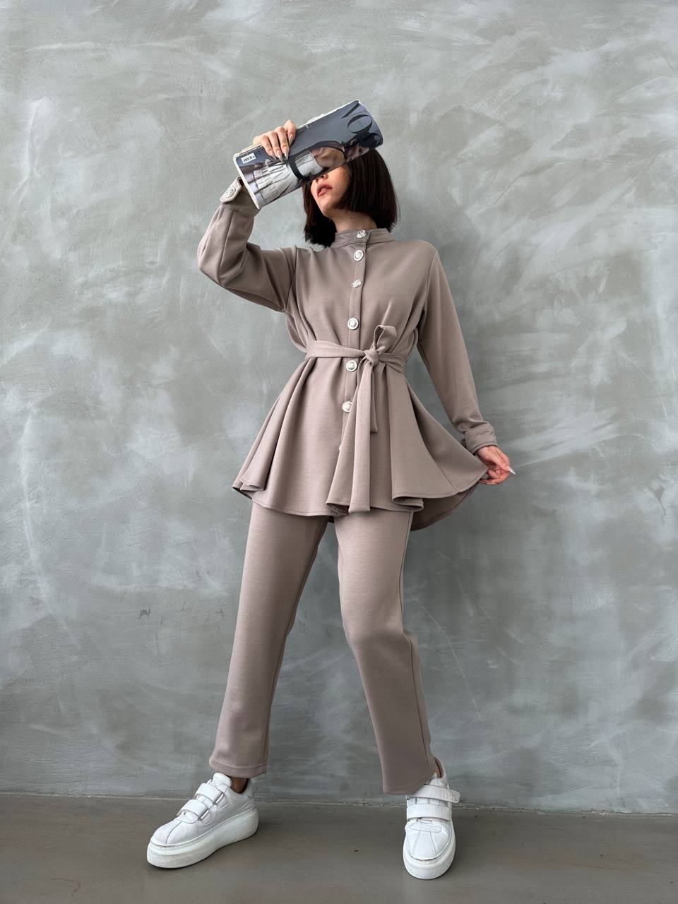 Taupe Peplum Gold Button Co-ord Set
