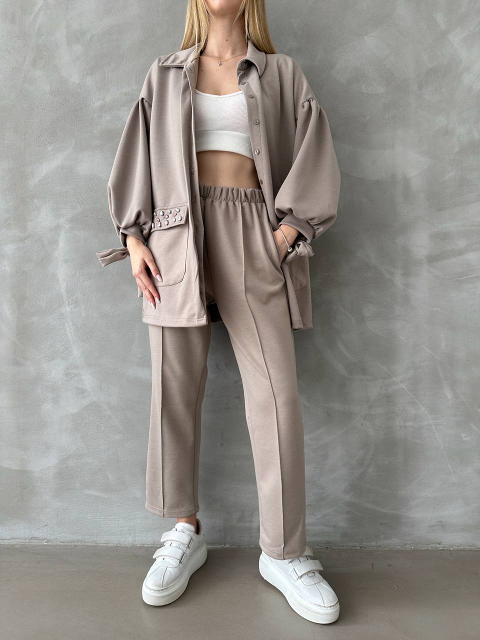 Stone Puff Sleeve Co-ord Set