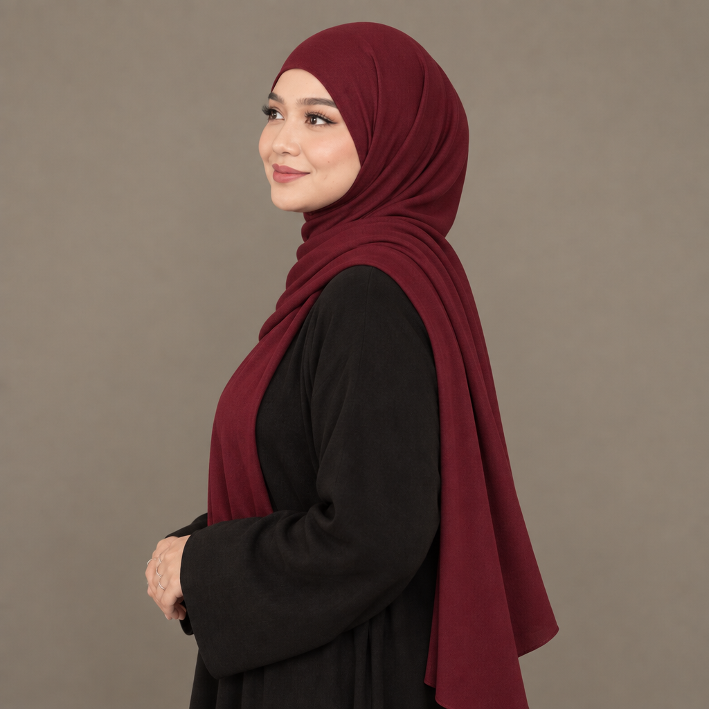 Burgundy jersey hijab, side profile