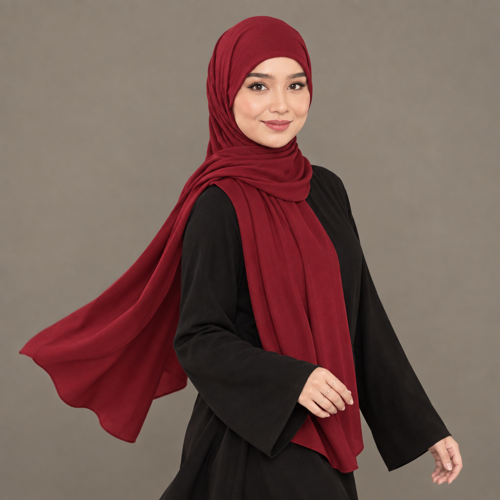 Cherry jersey hijab, mid-turn pose