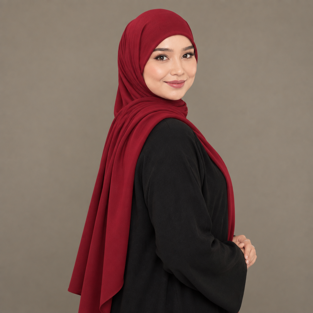 Crimson jersey hijab, looking-back pose