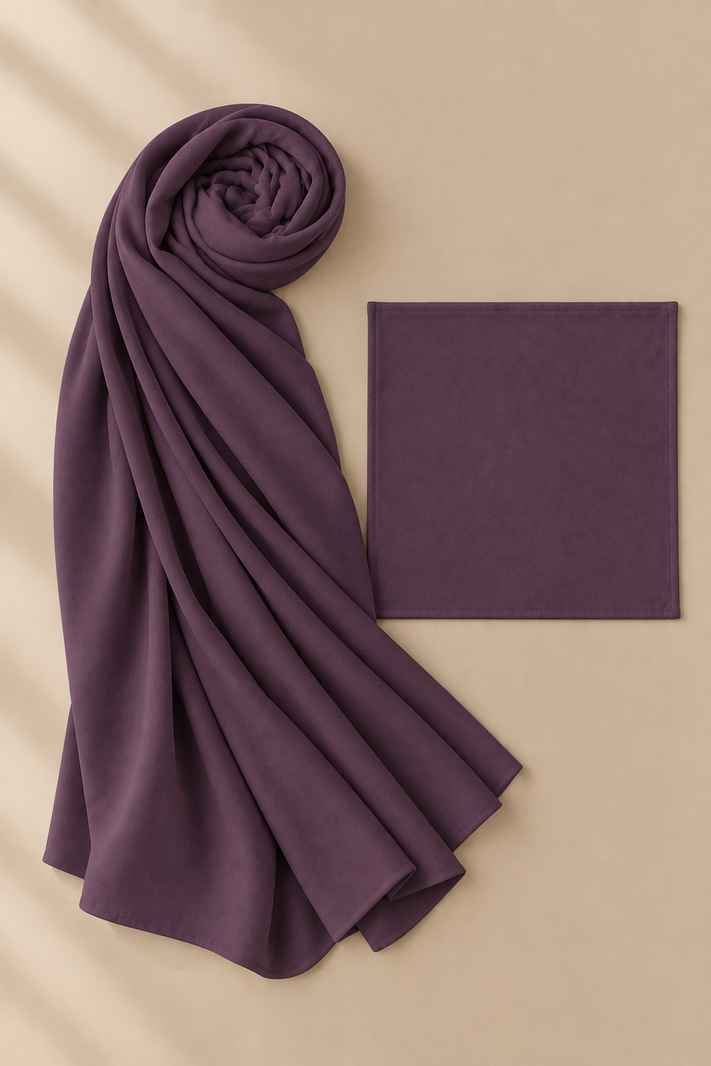 Plum modal hijab beside matching open square undercap