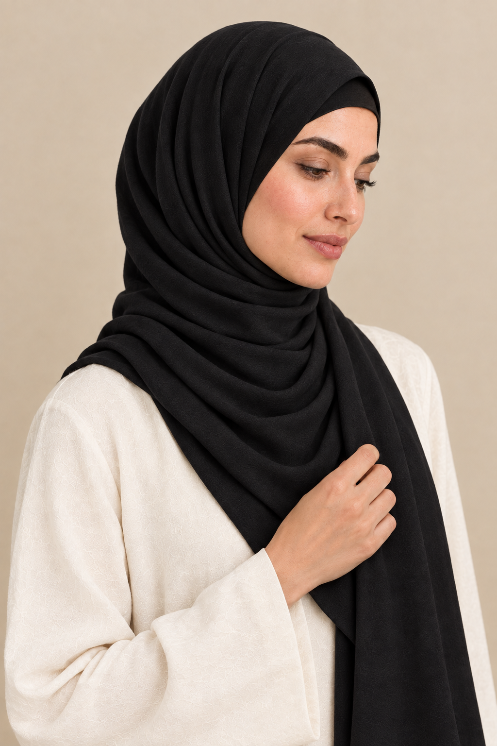 Midnight Black hijab portrait showing matching open square undercap