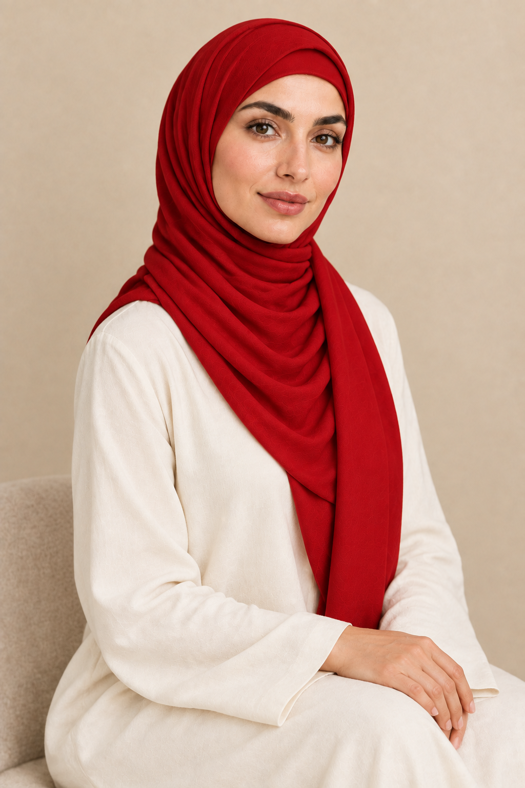 Model wearing a Classic Red modal hijab in a seated pose