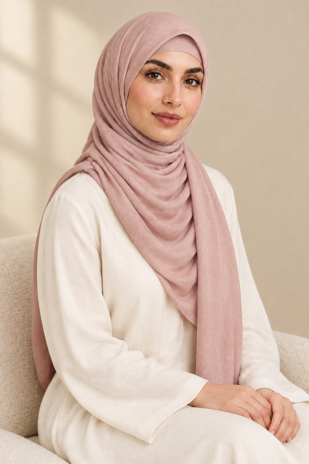 Model wearing a Dusty Rose modal hijab in a seated pose