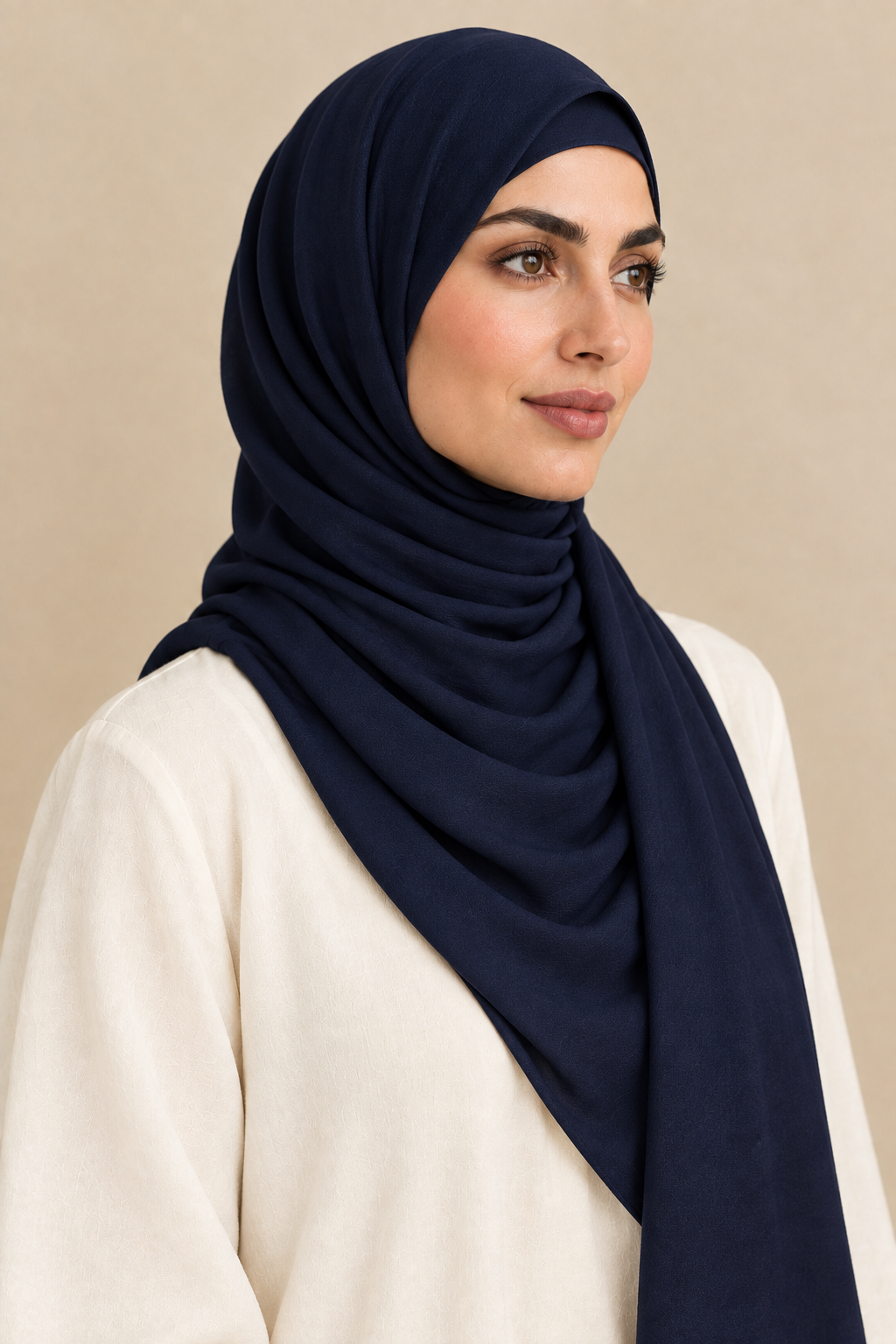 Deep Navy hijab portrait showing matching open square undercap