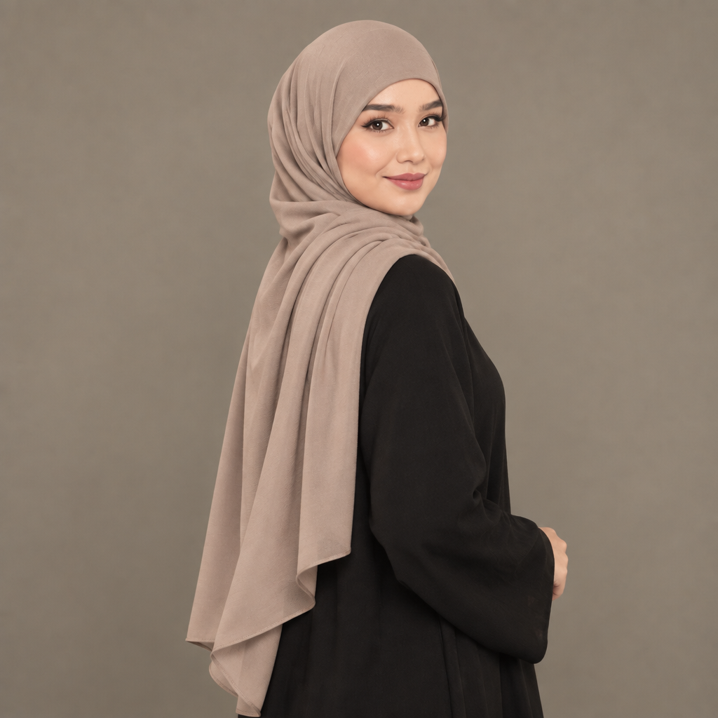 Model wearing a latte beige Kuwait jersey hijab