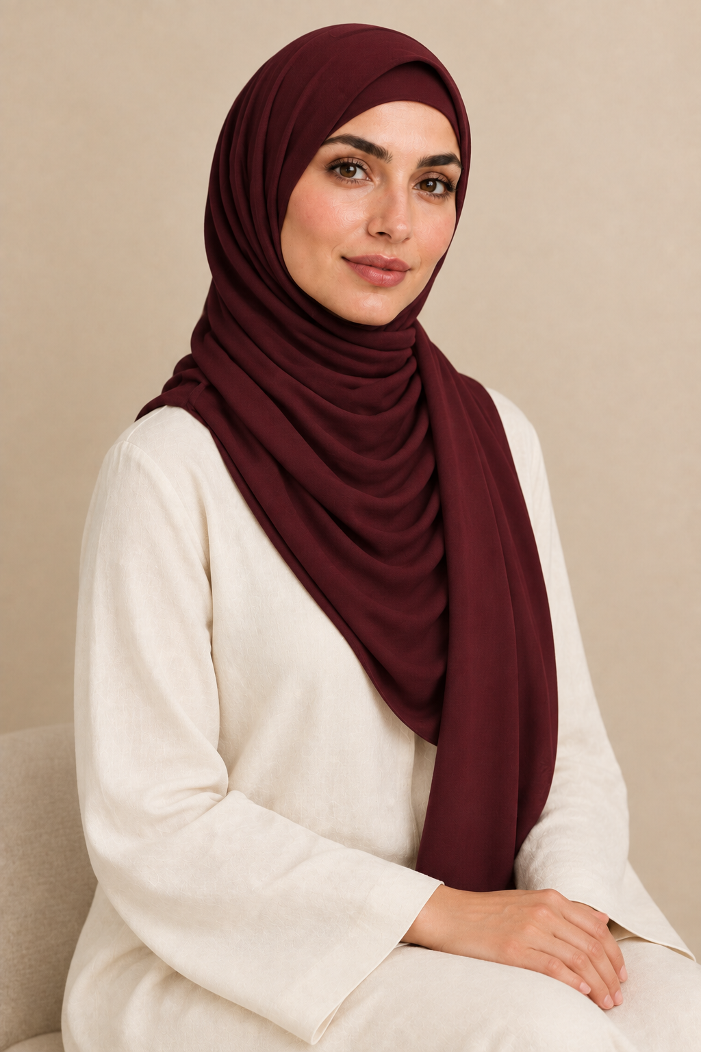 Model wearing a Burgundy modal hijab in a seated pose
