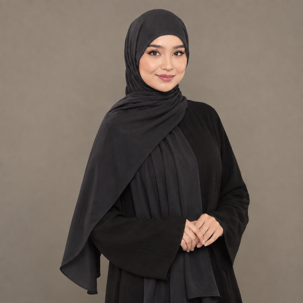 Model wearing a charcoal black Kuwait jersey hijab