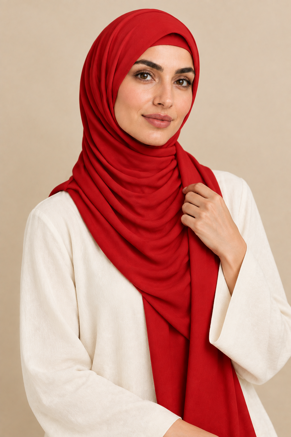 Classic Red hijab portrait showing matching open square undercap