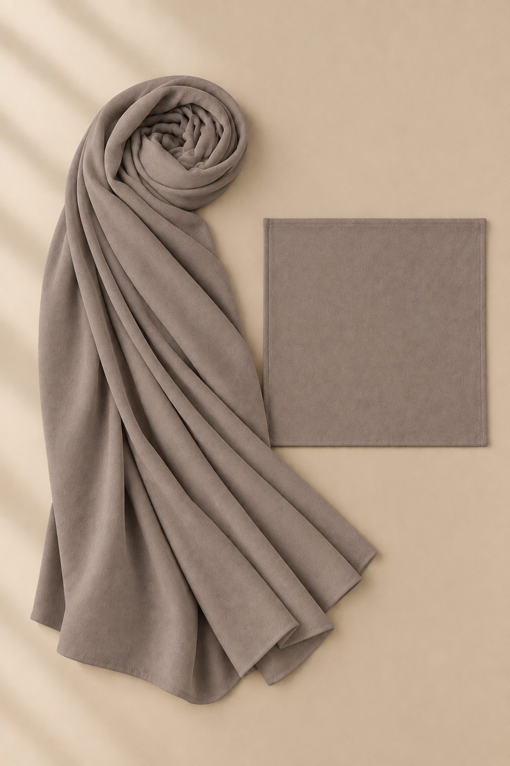 Warm Taupe modal hijab beside its matching open square undercap