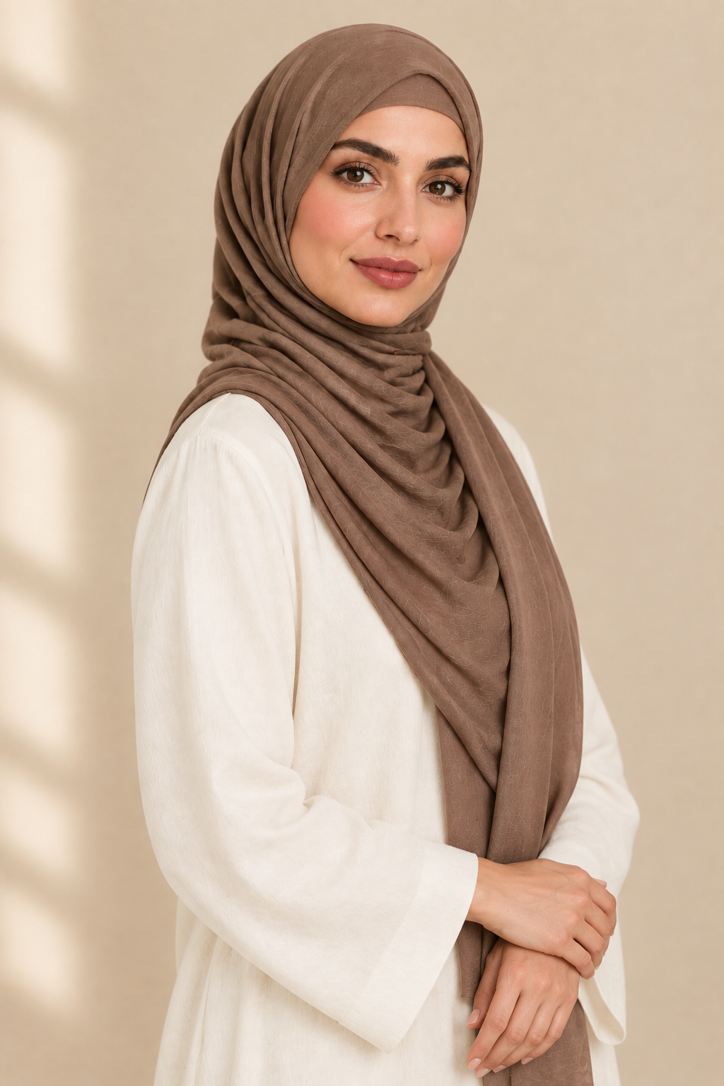 Model wearing Mocha hijab with matching open square undercap