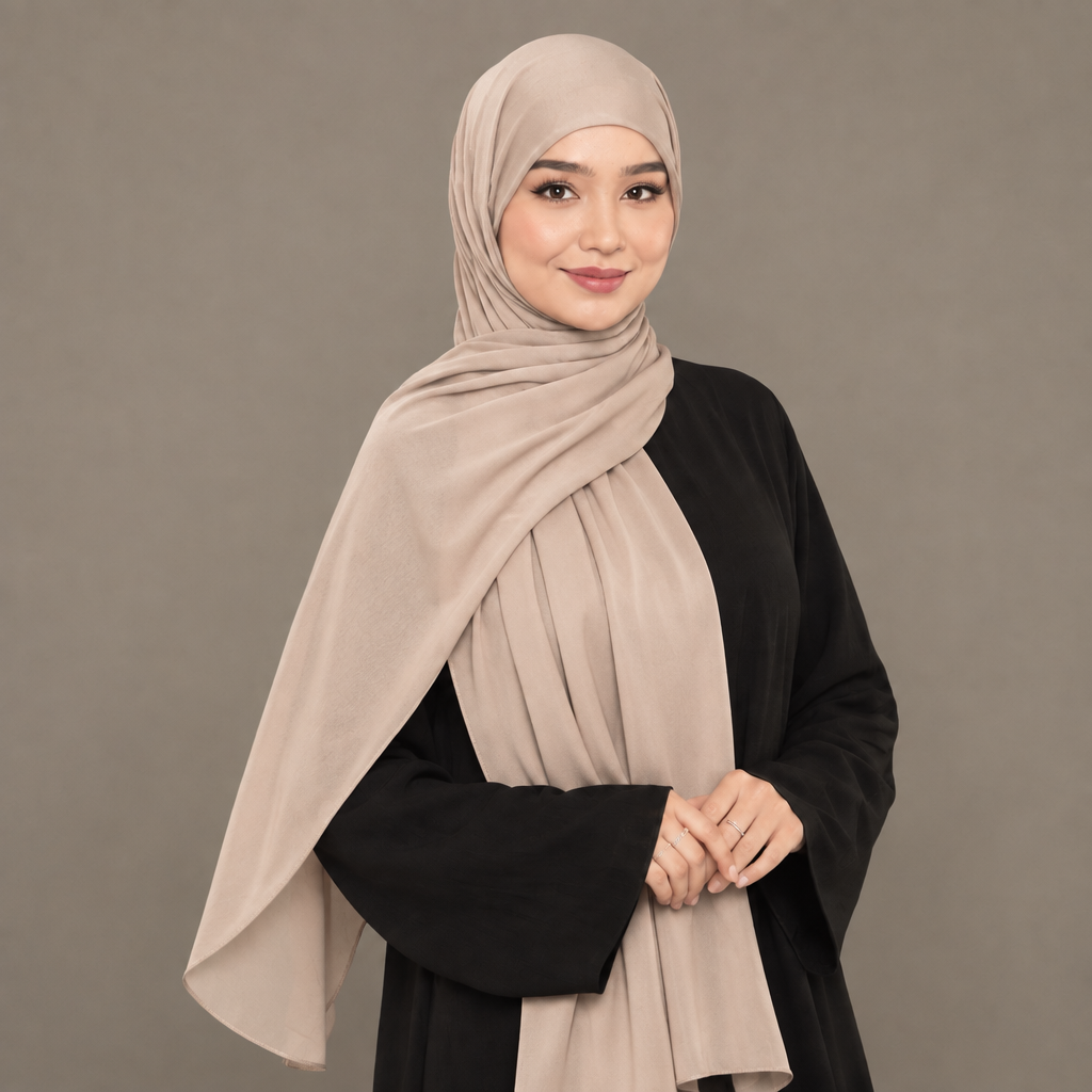 Model wearing a champagne beige Kuwait jersey hijab