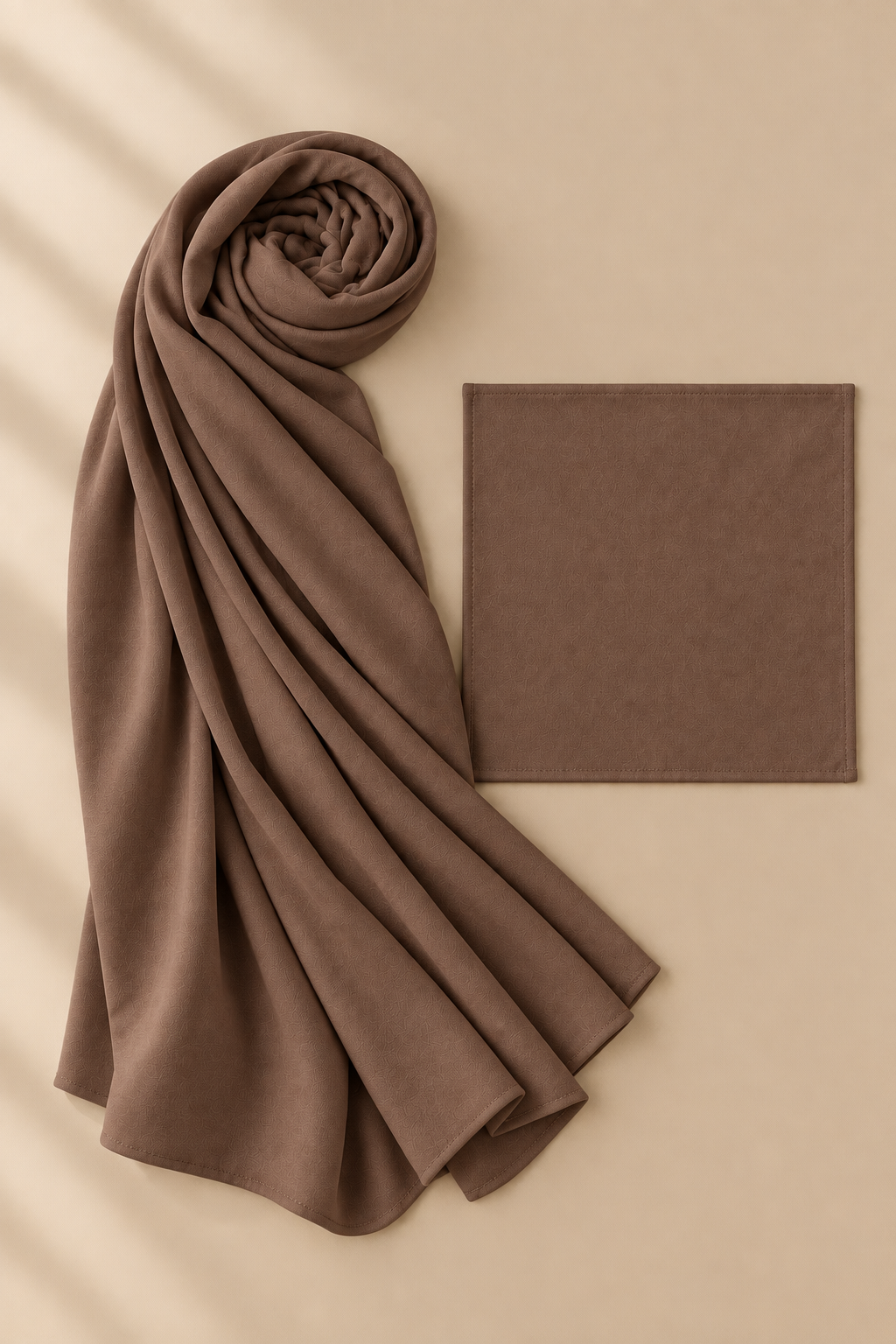 Mocha modal hijab beside matching open square undercap