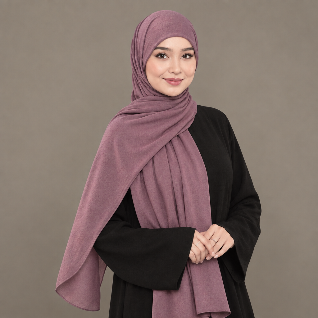 Model wearing a mauve pink Kuwait jersey hijab