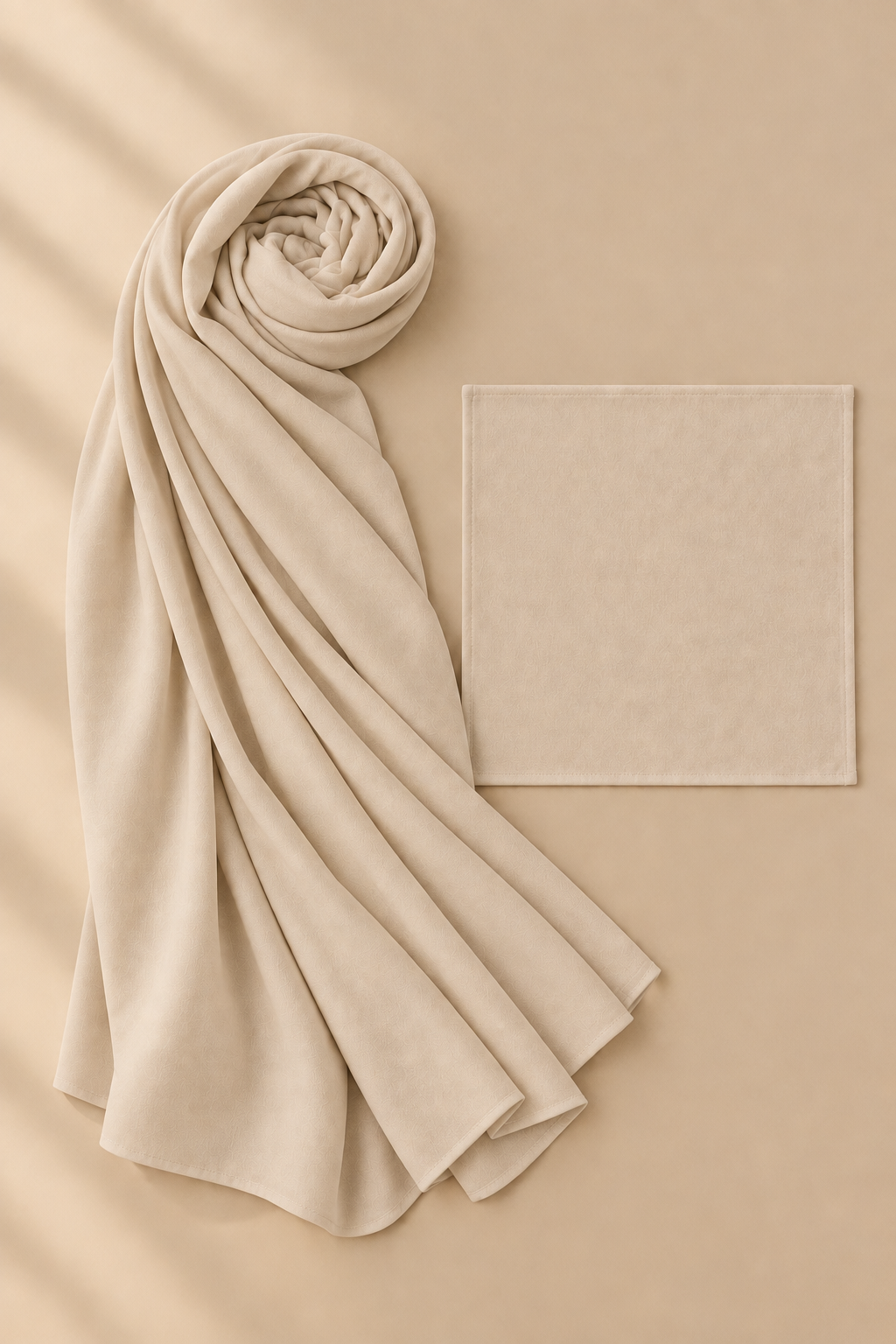 Sandstone modal hijab beside its matching open square undercap