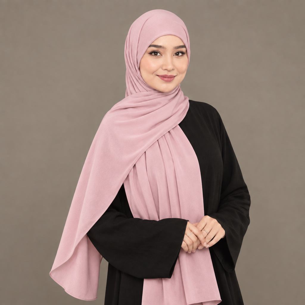Model wearing a baby pink Kuwait jersey hijab