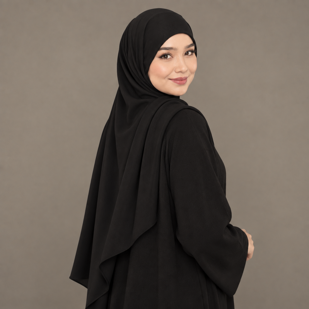 Model wearing a deep black Kuwait jersey hijab