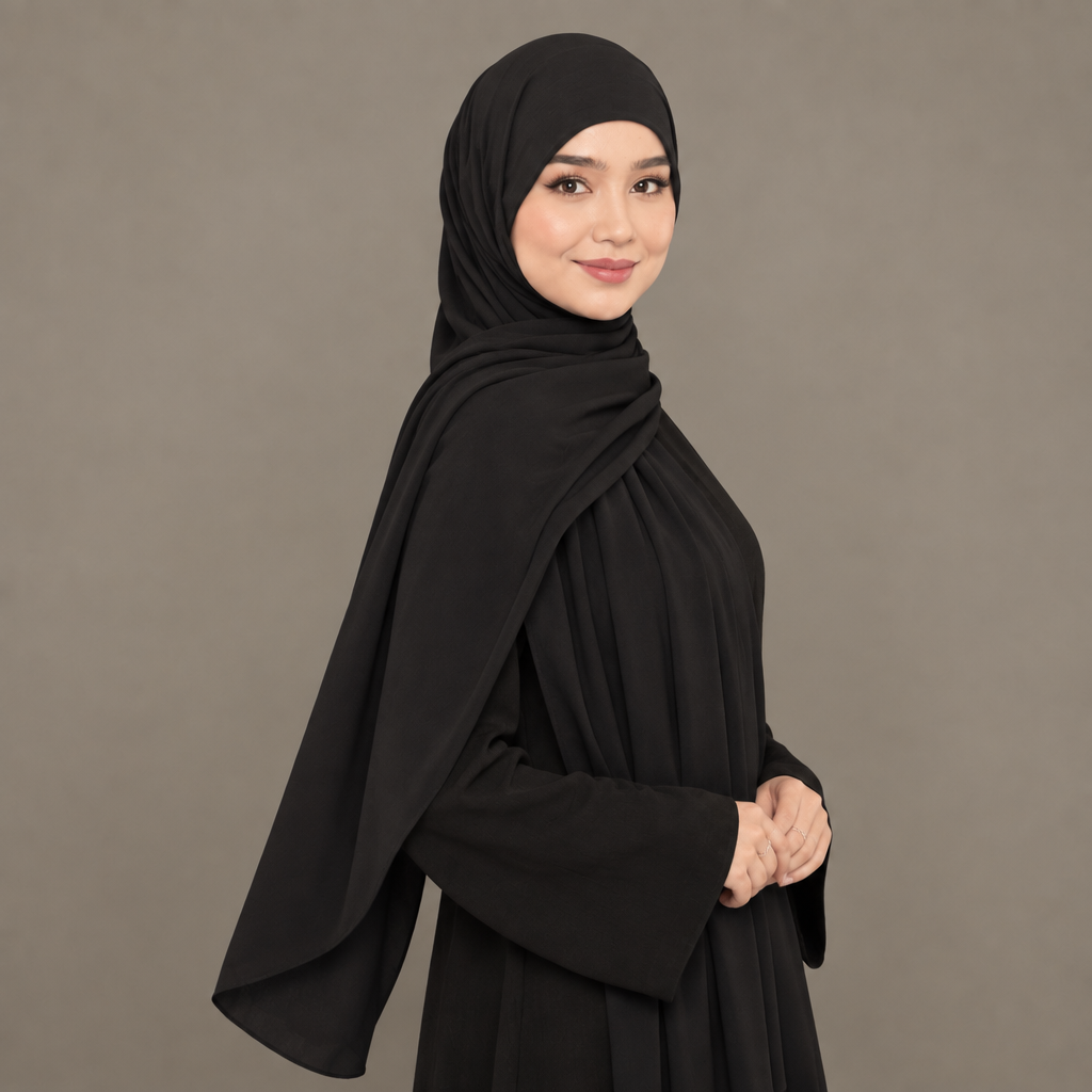 Model wearing an ink black Kuwait jersey hijab