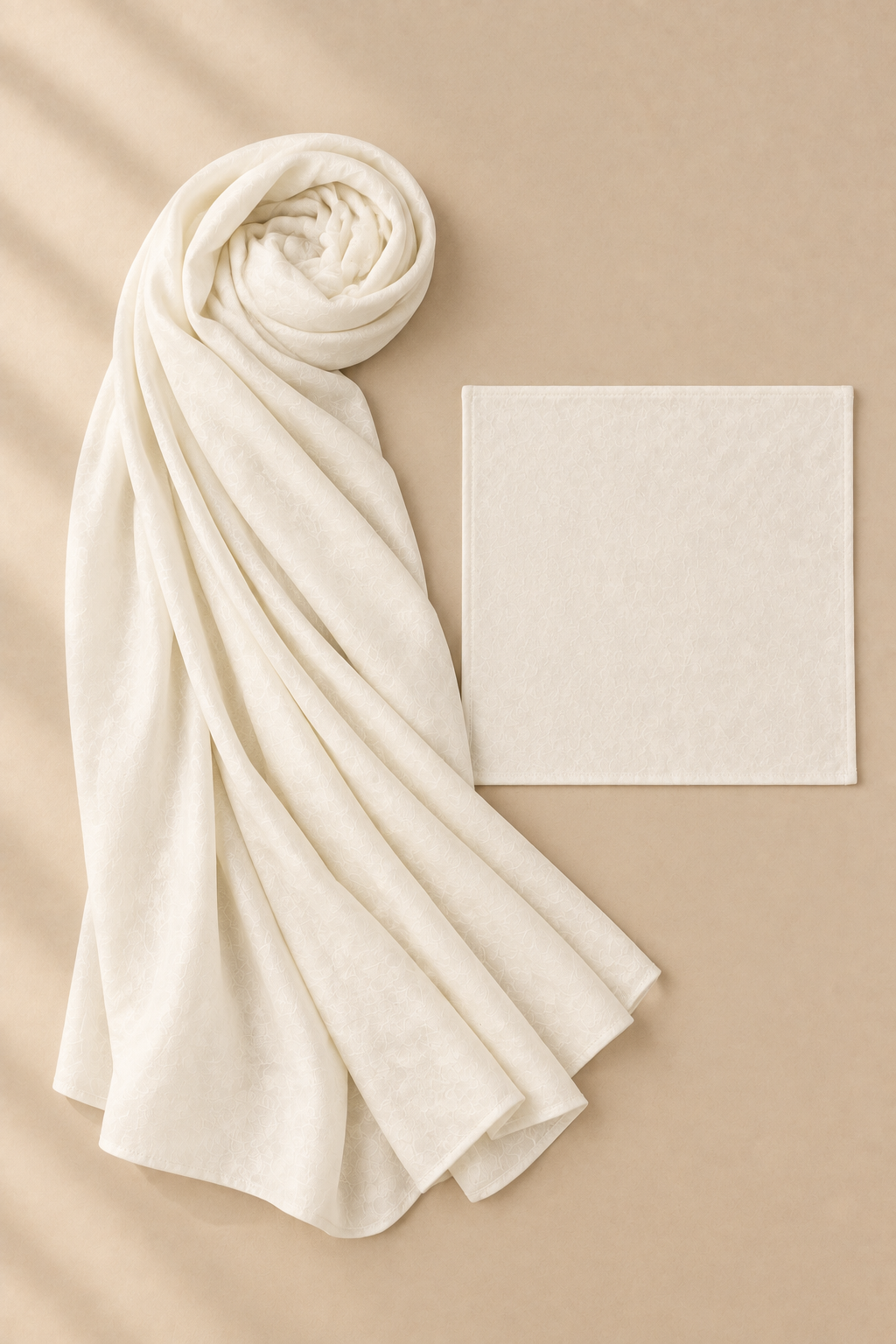 Ivory Pearl modal hijab beside a matching open square fabric undercap