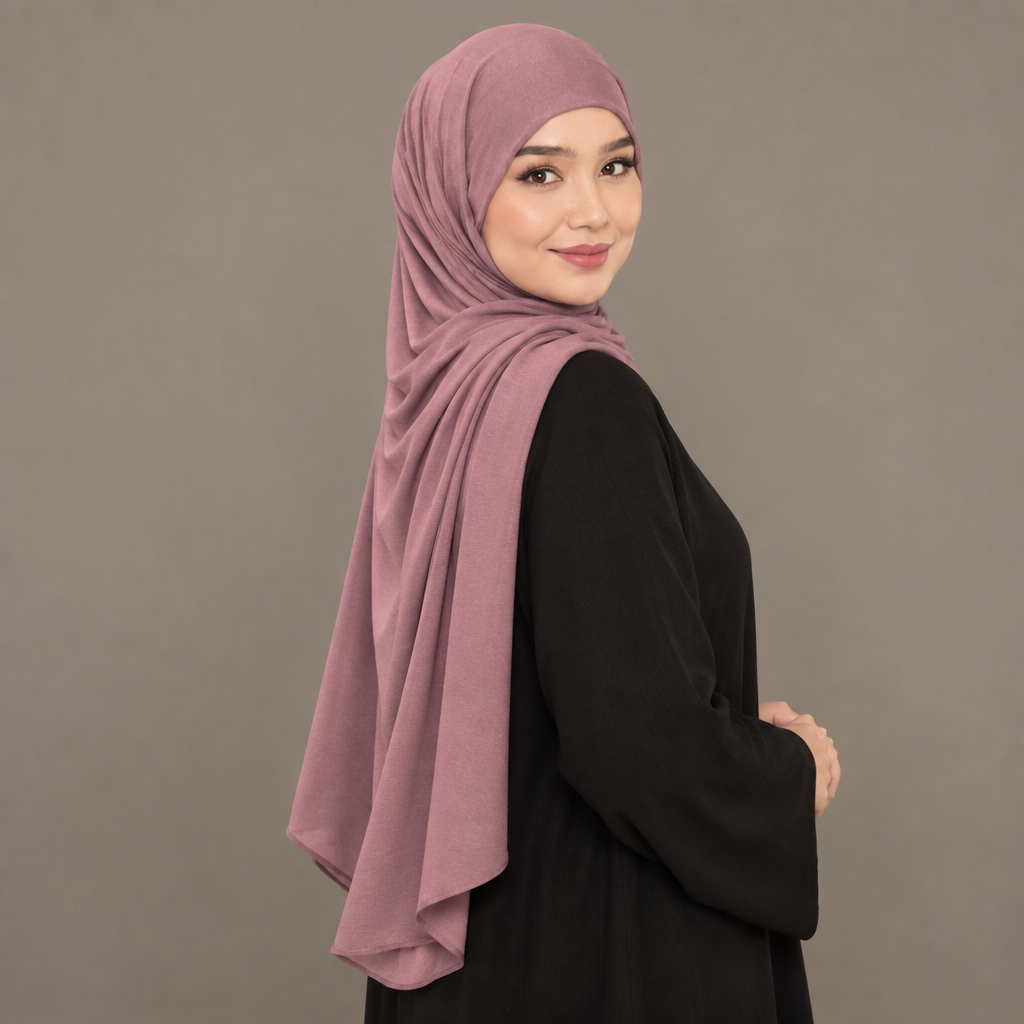 Model wearing a dusty pink Kuwait jersey hijab
