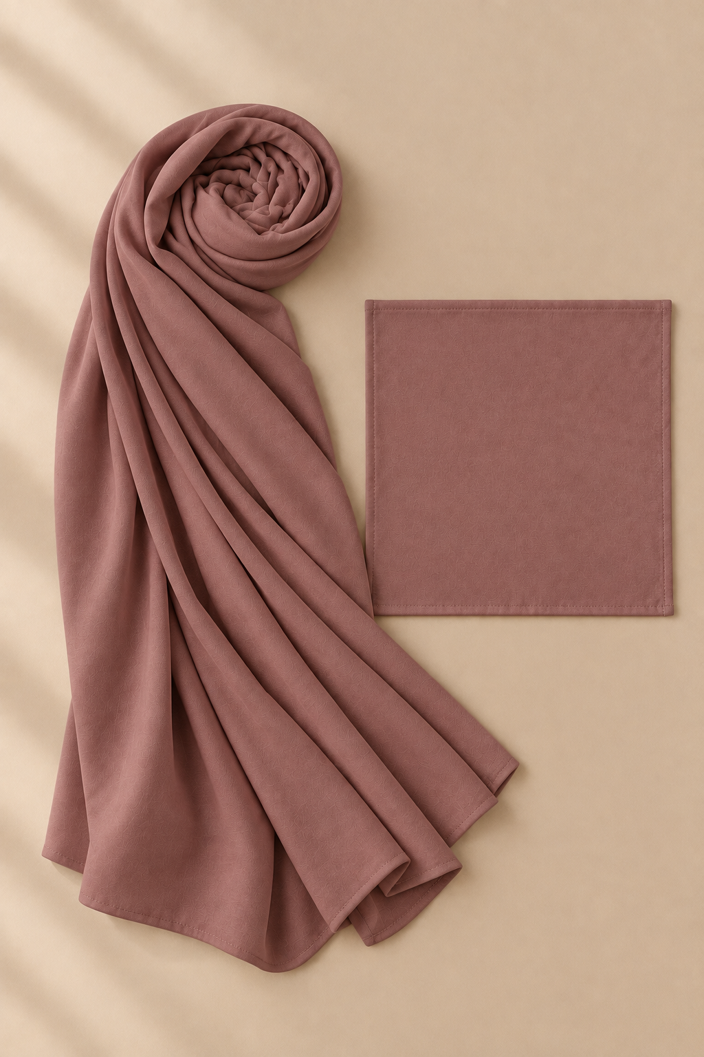 Rosewood modal hijab beside matching open square undercap