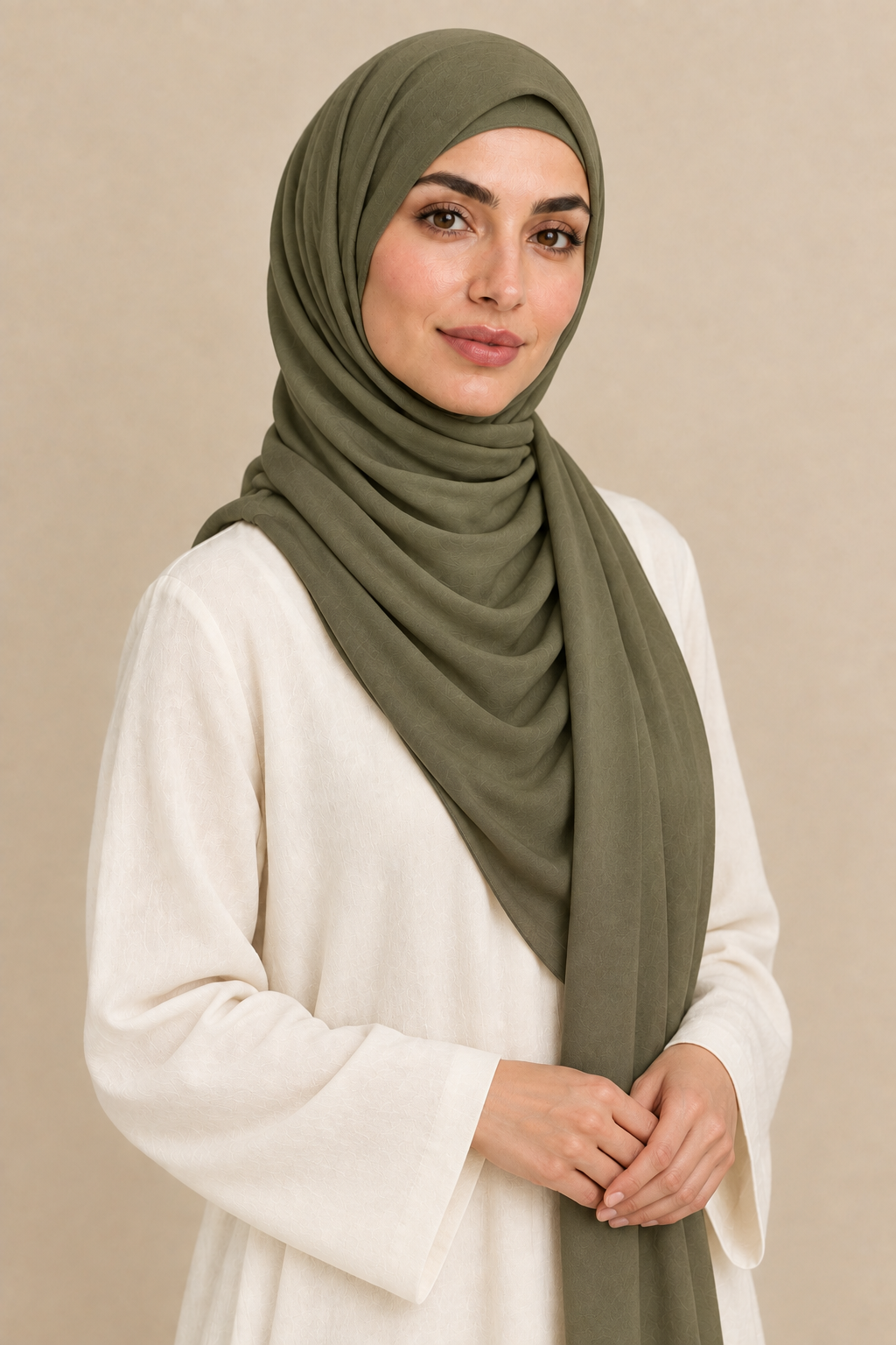 Model wearing an Olive Green modal hijab