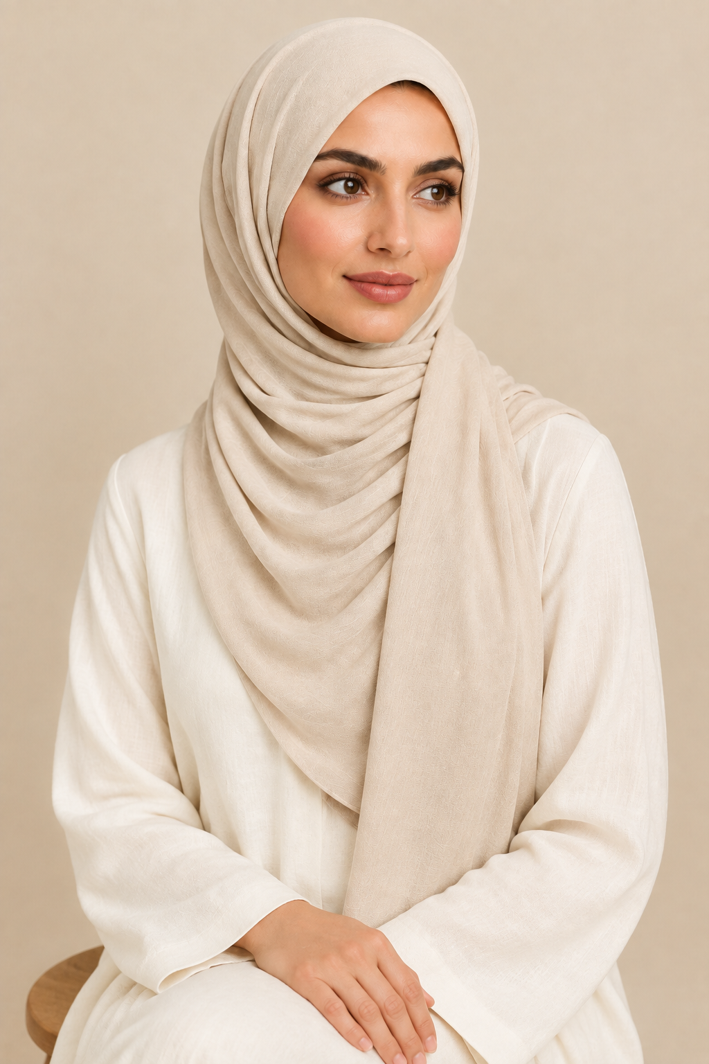 Model wearing a Sandstone modal hijab in a seated pose
