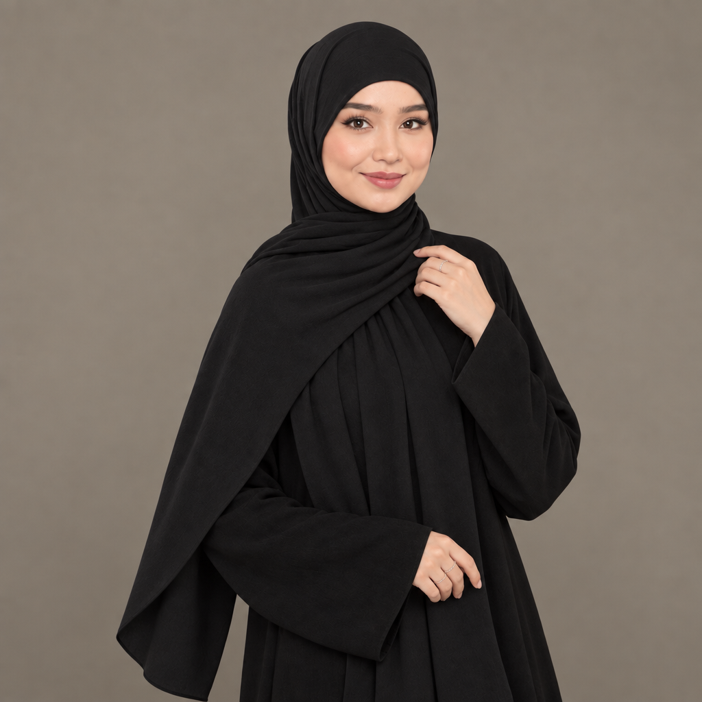 Model wearing an onyx black Kuwait jersey hijab
