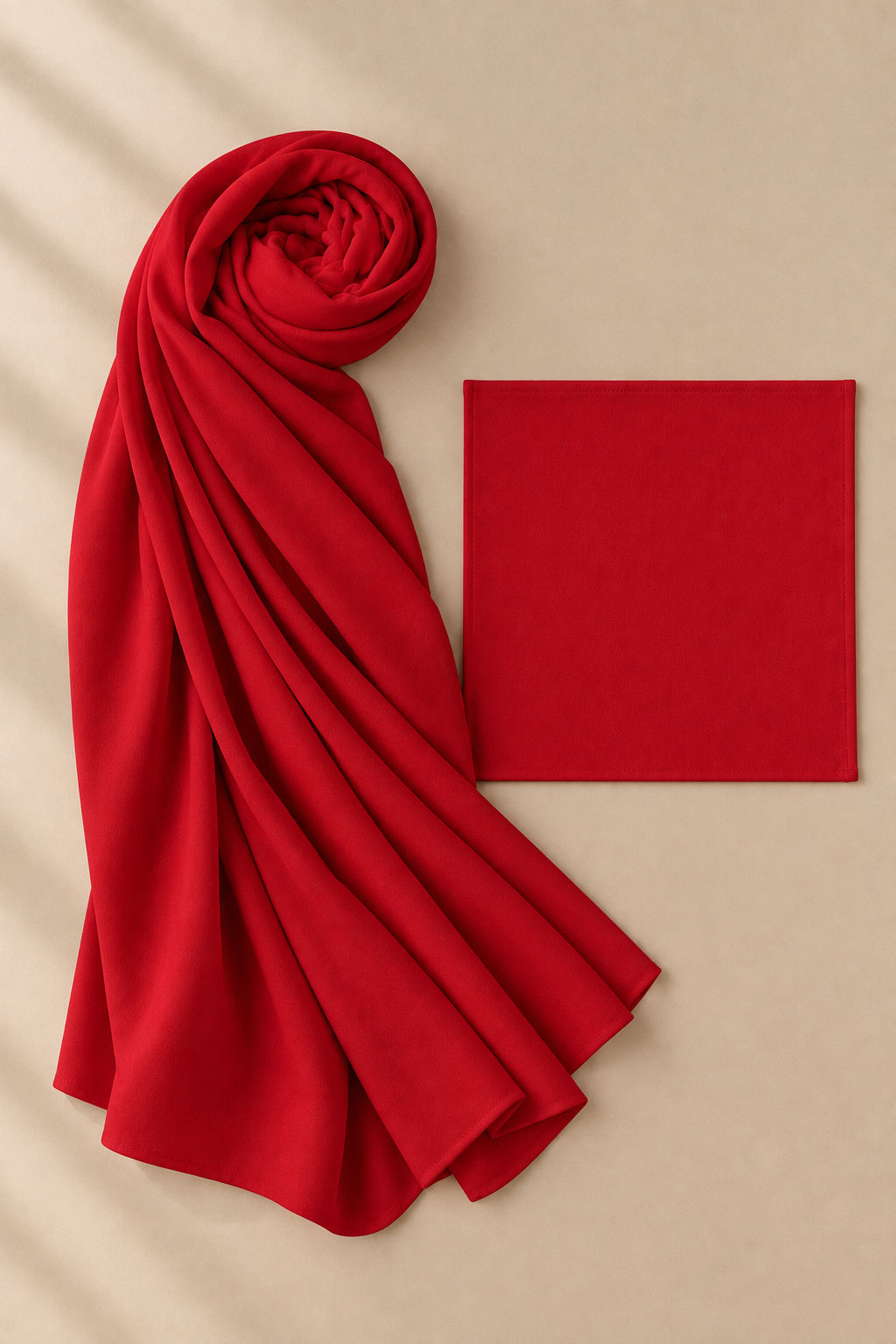 Classic Red modal hijab beside its matching open square undercap