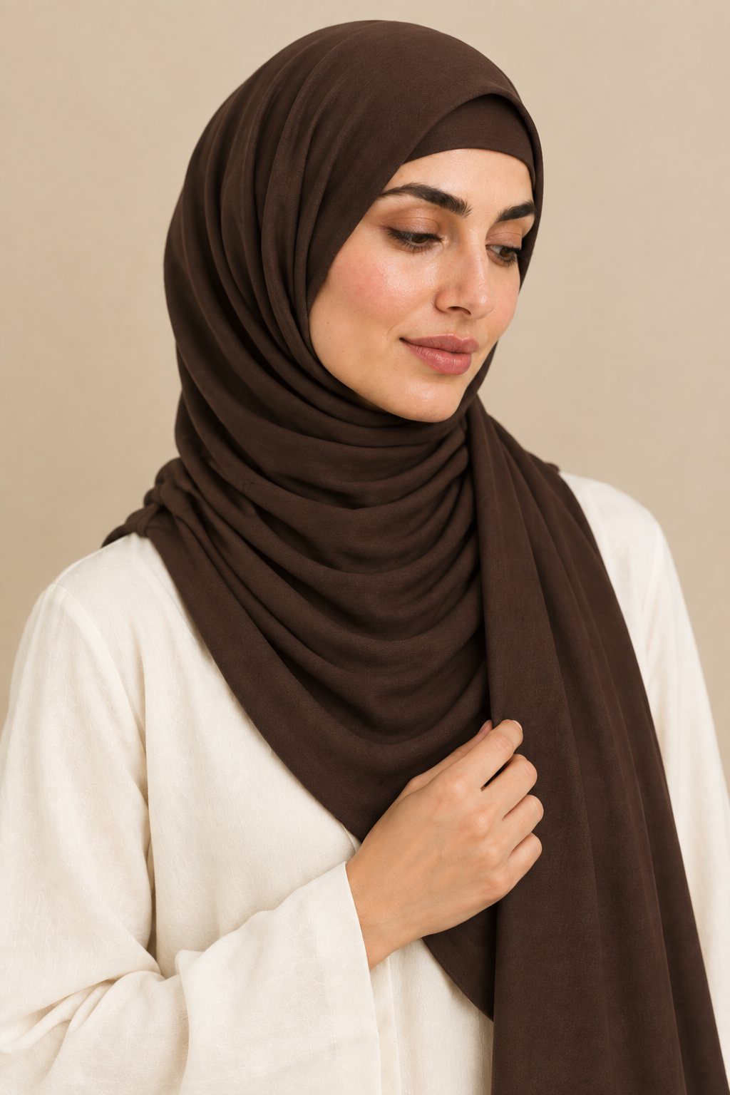 Cocoa hijab portrait showing matching open square undercap