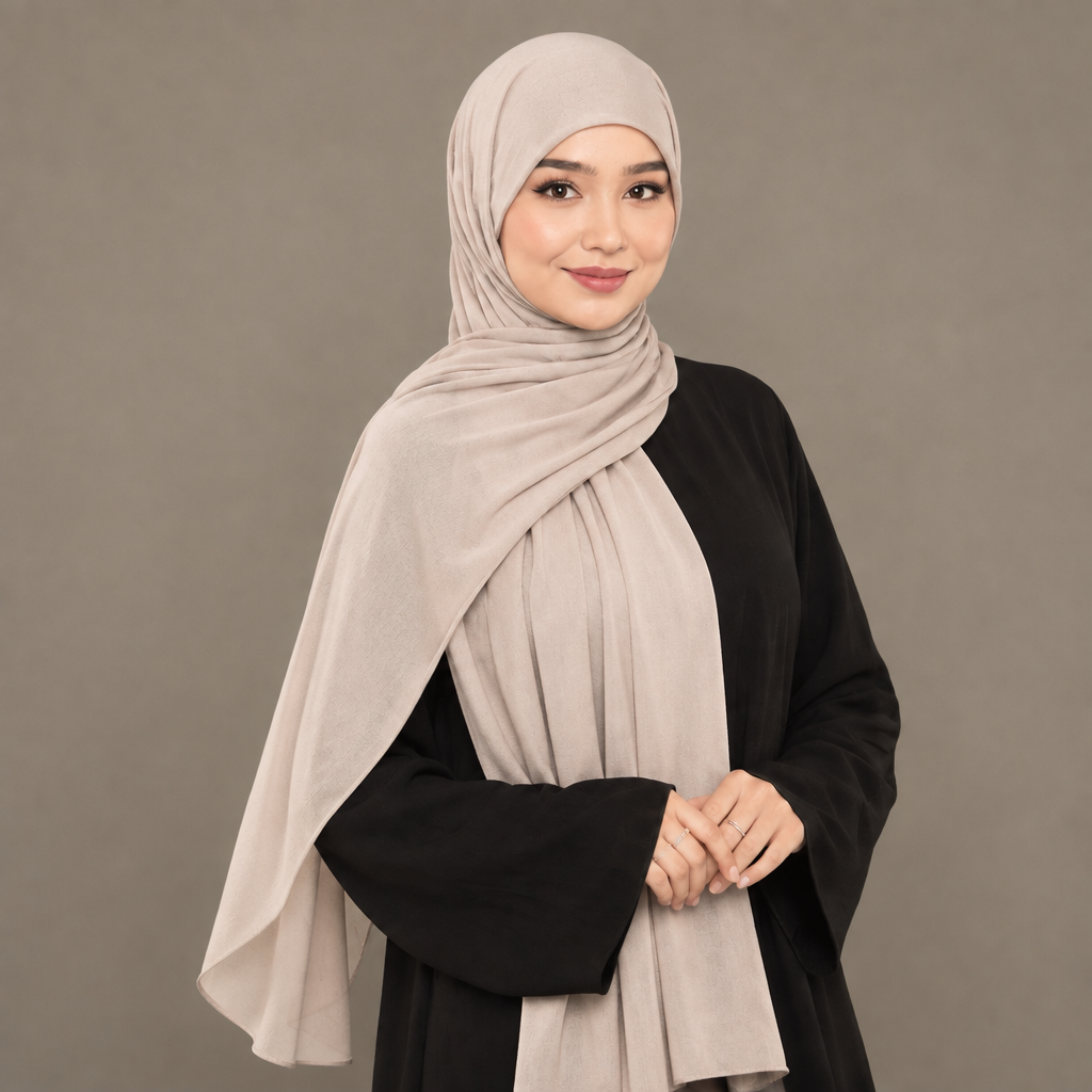 Model wearing a light beige Kuwait jersey hijab
