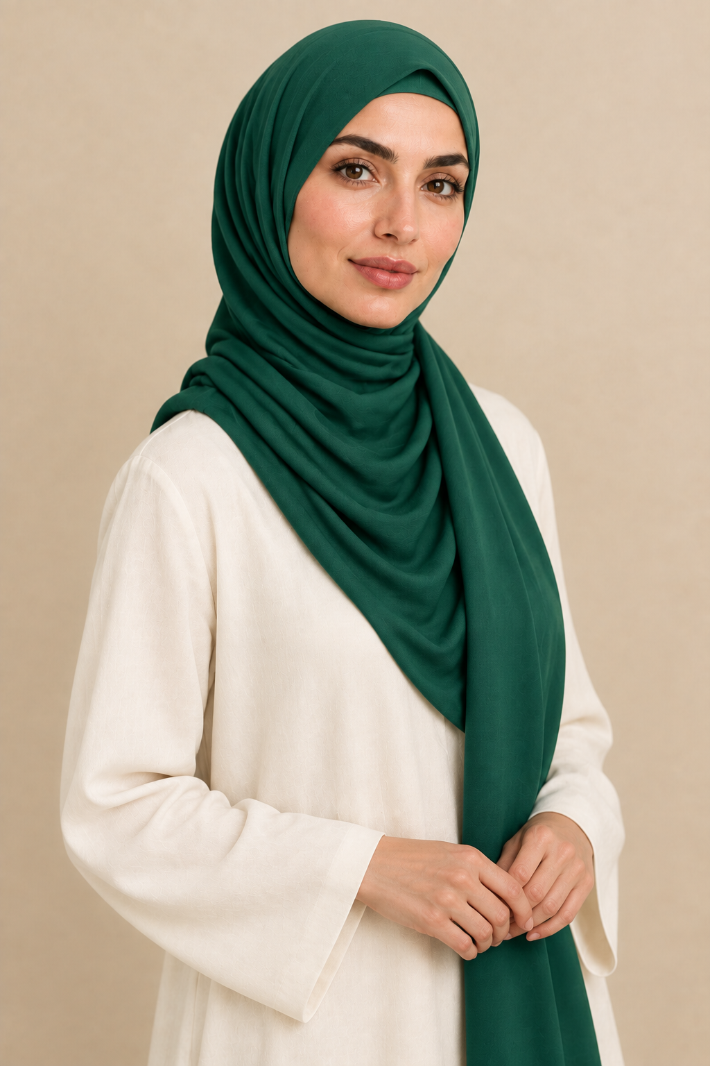 Model wearing an Emerald Green modal hijab in an angled pose