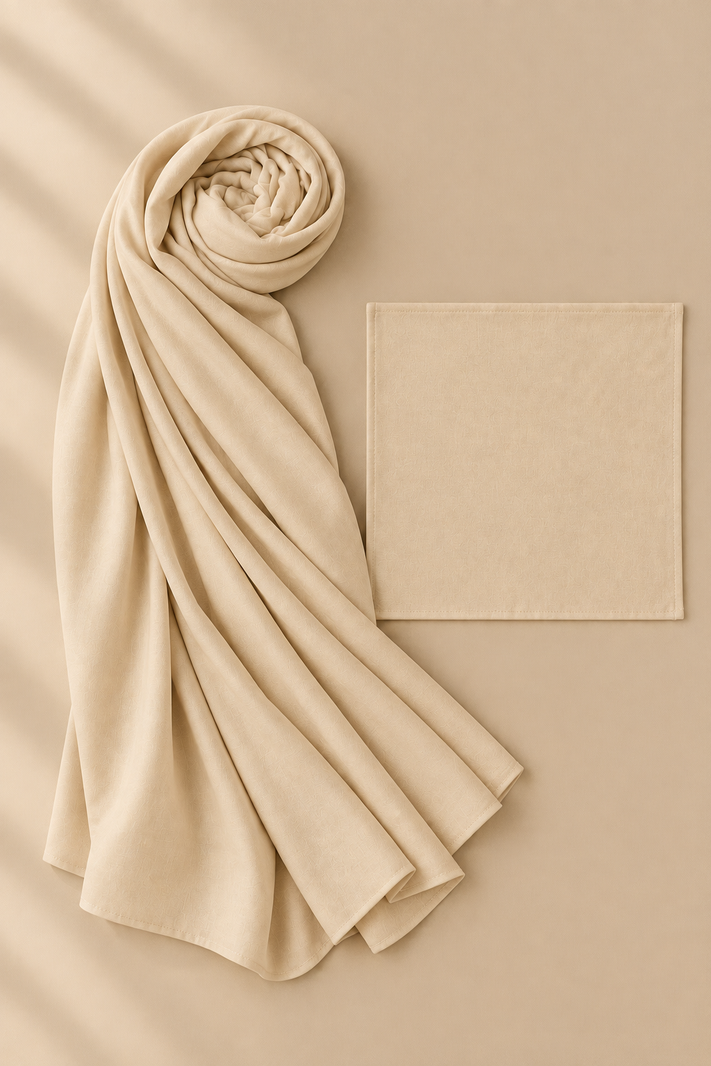 Champagne modal hijab beside matching open square undercap