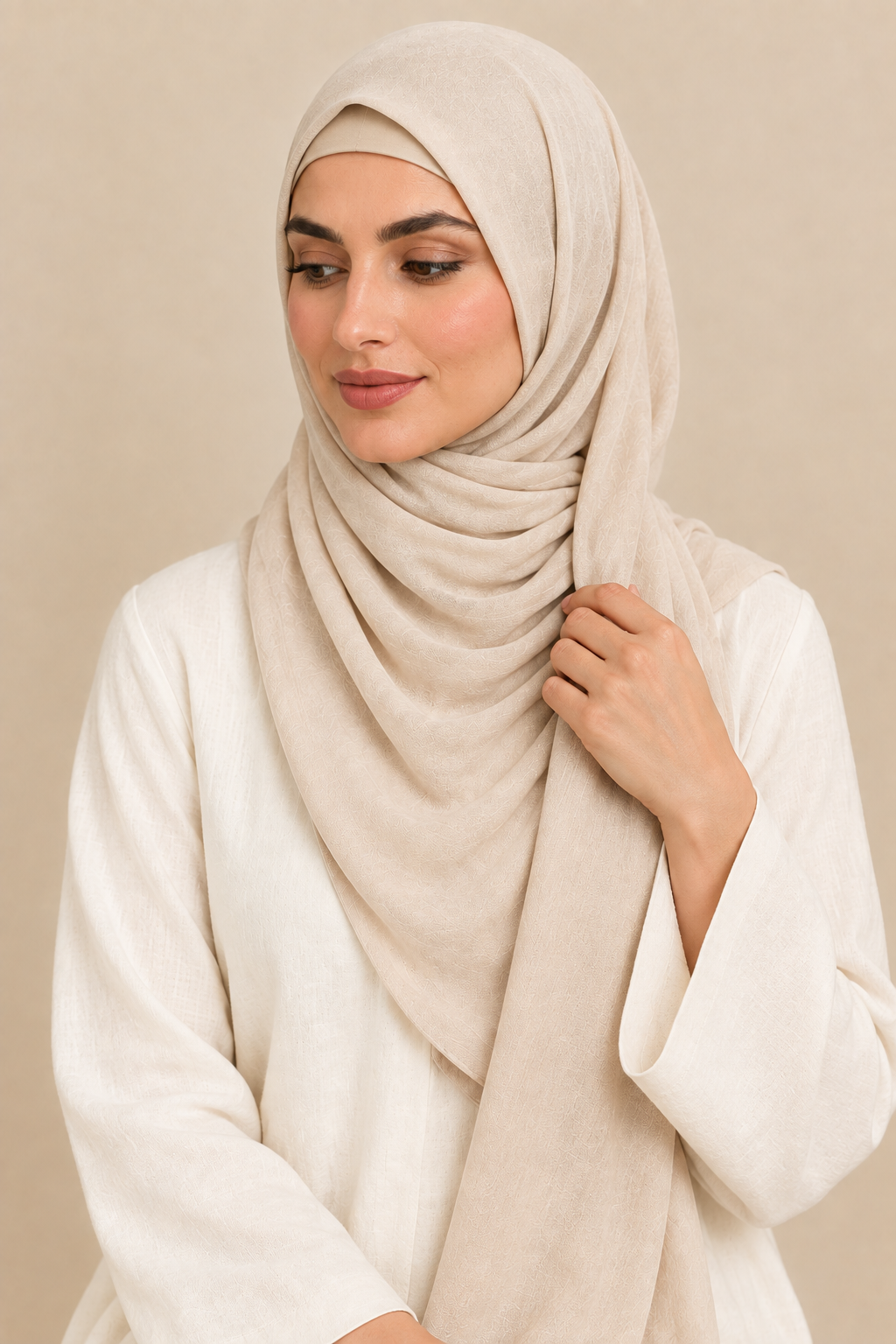 Model wearing a Sandstone hijab with matching open square undercap