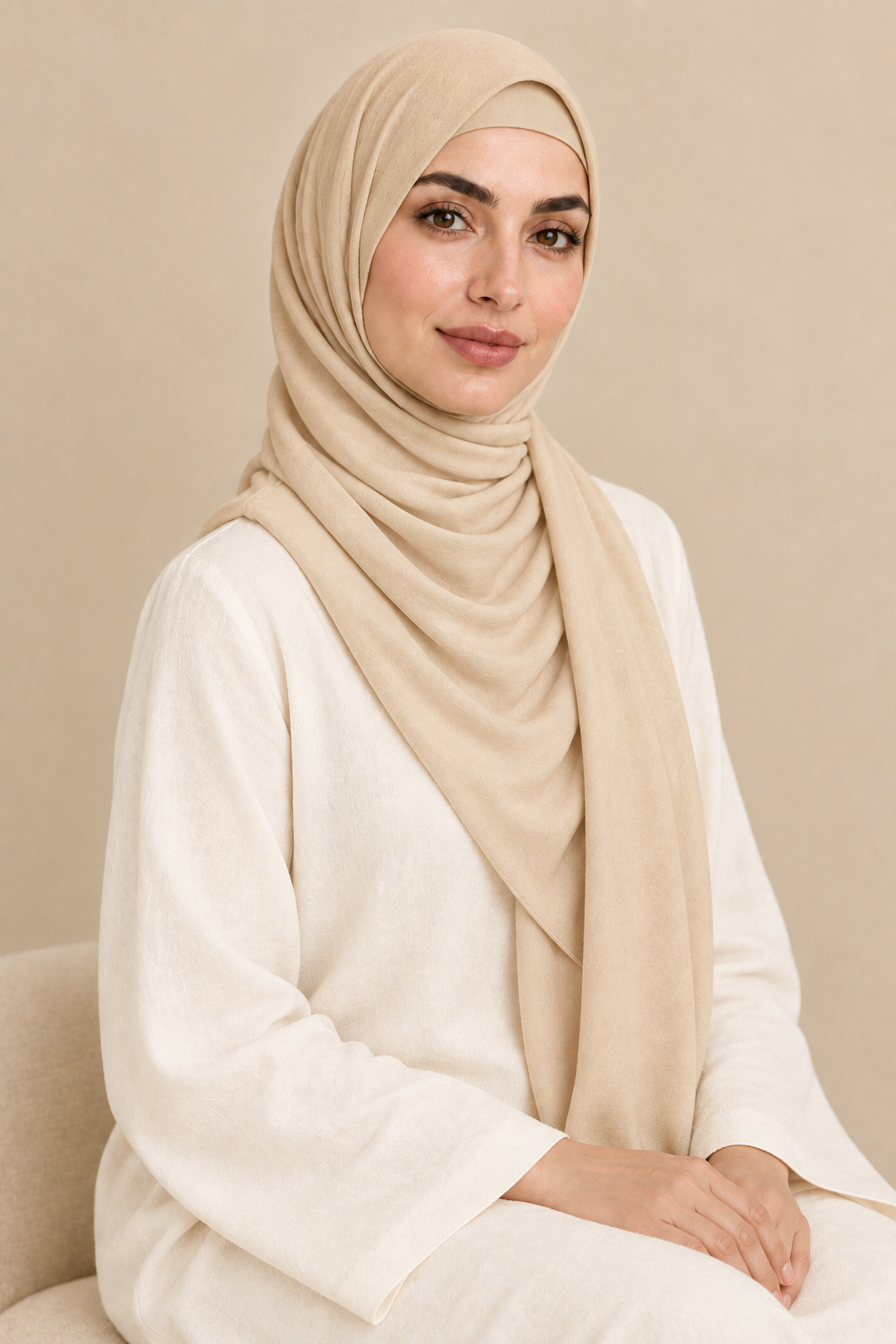 Model wearing a Champagne modal hijab
