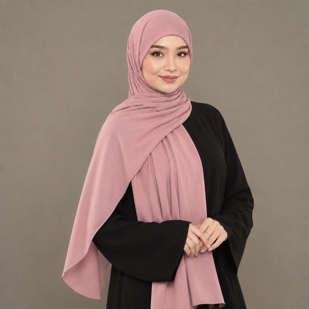 Model wearing a blush pink Kuwait jersey hijab