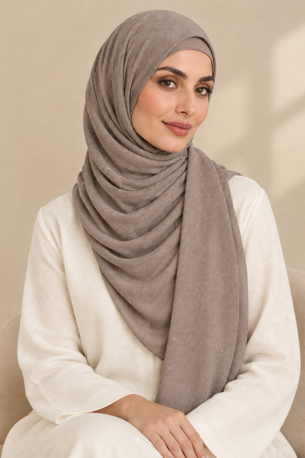 Model wearing a Warm Taupe hijab with matching open square undercap