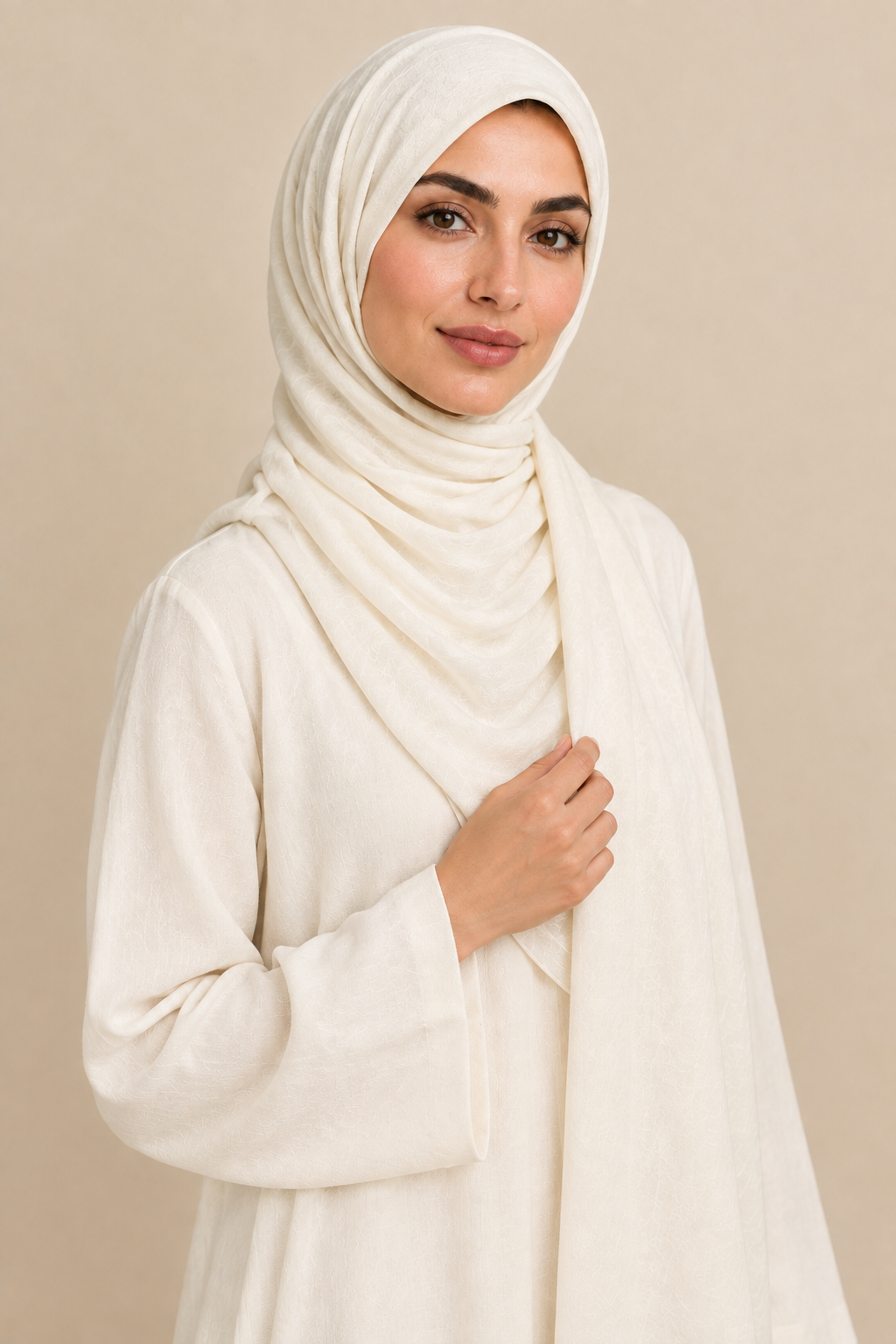Model wearing an Ivory Pearl modal hijab in a relaxed three-quarter pose