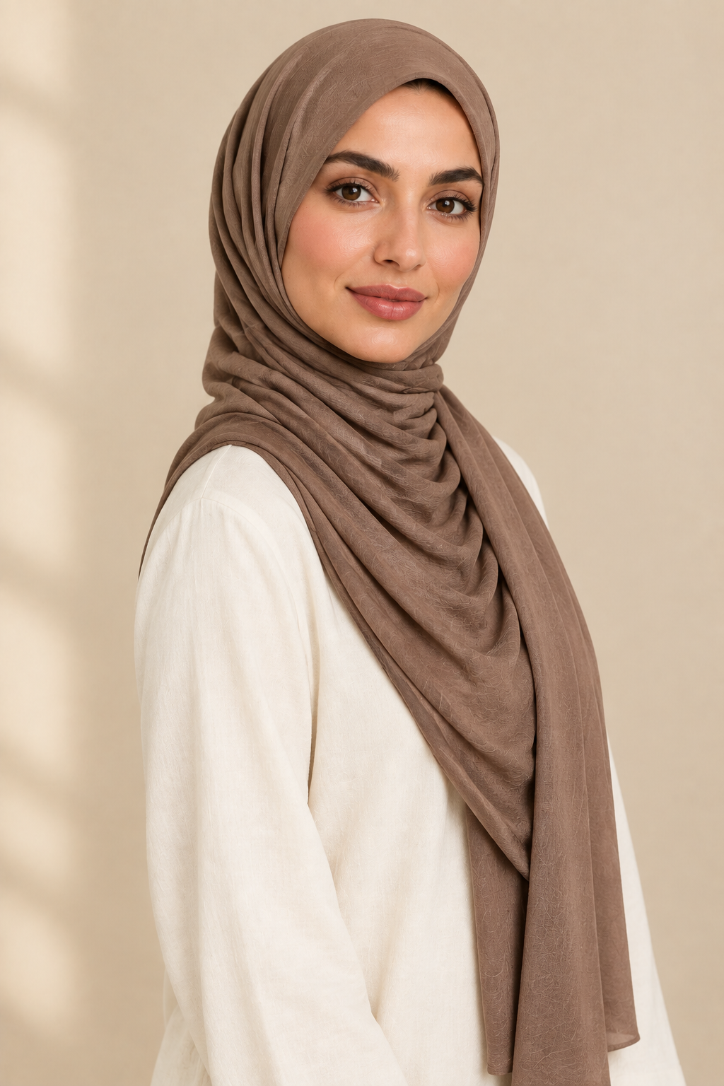 Model wearing a Mocha modal hijab in a turned pose