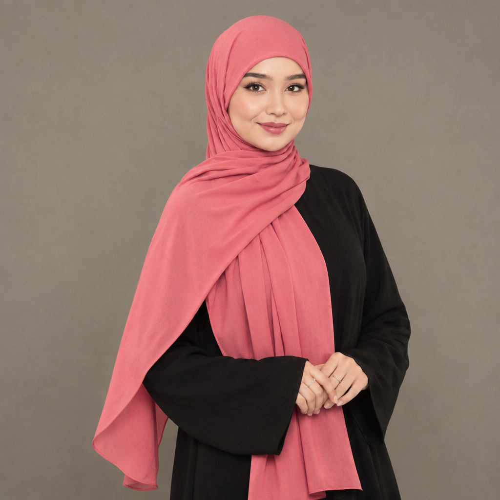Model wearing a coral pink Kuwait jersey hijab