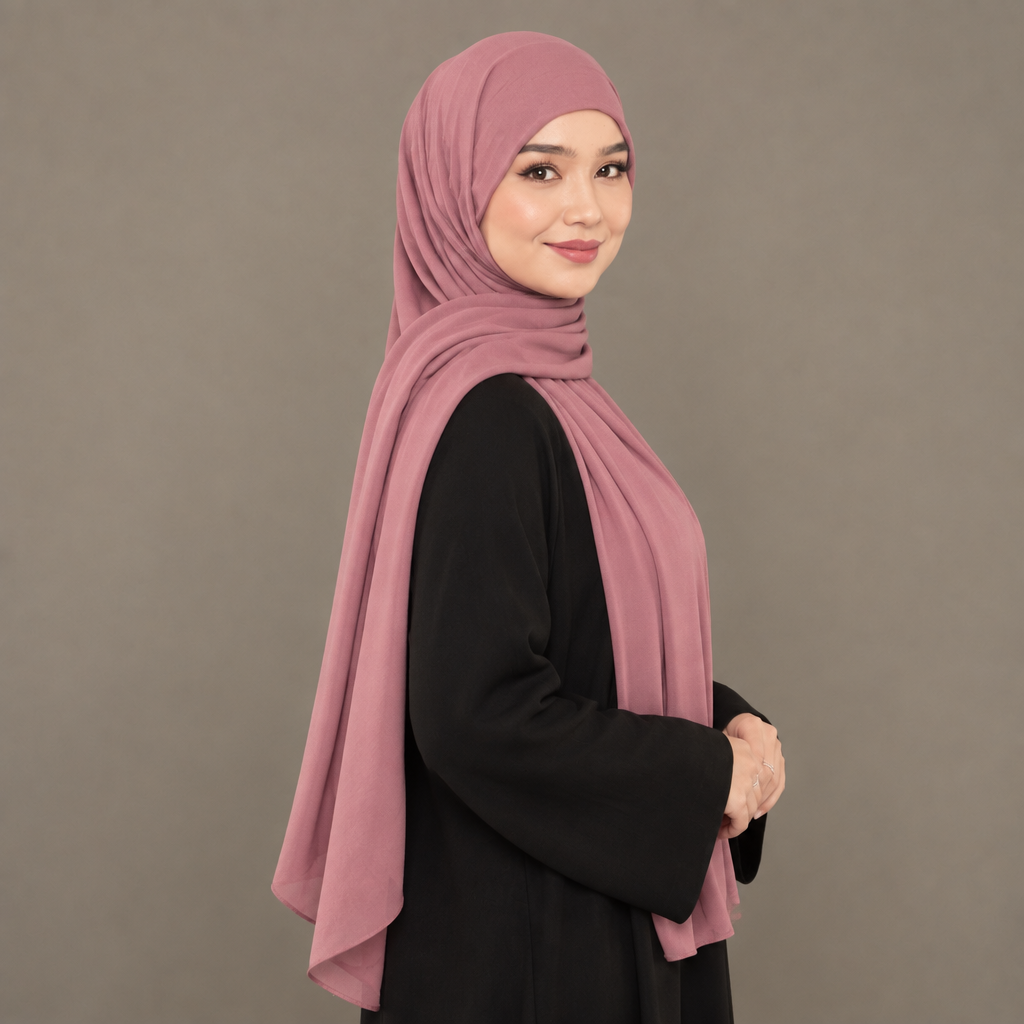 Model wearing a rose pink Kuwait jersey hijab