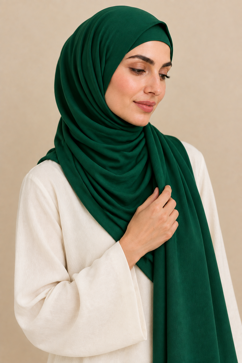 Emerald Green hijab portrait showing matching open square undercap