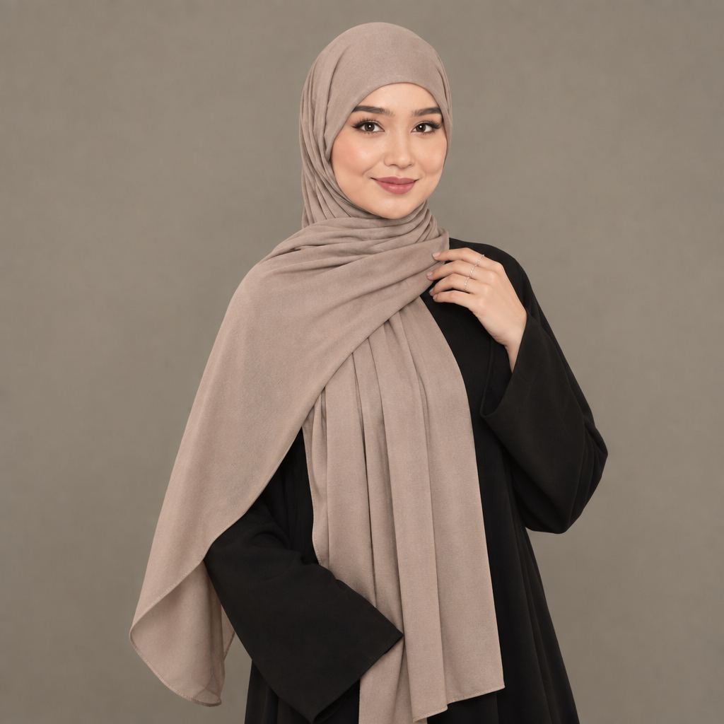 Model wearing a warm beige Kuwait jersey hijab