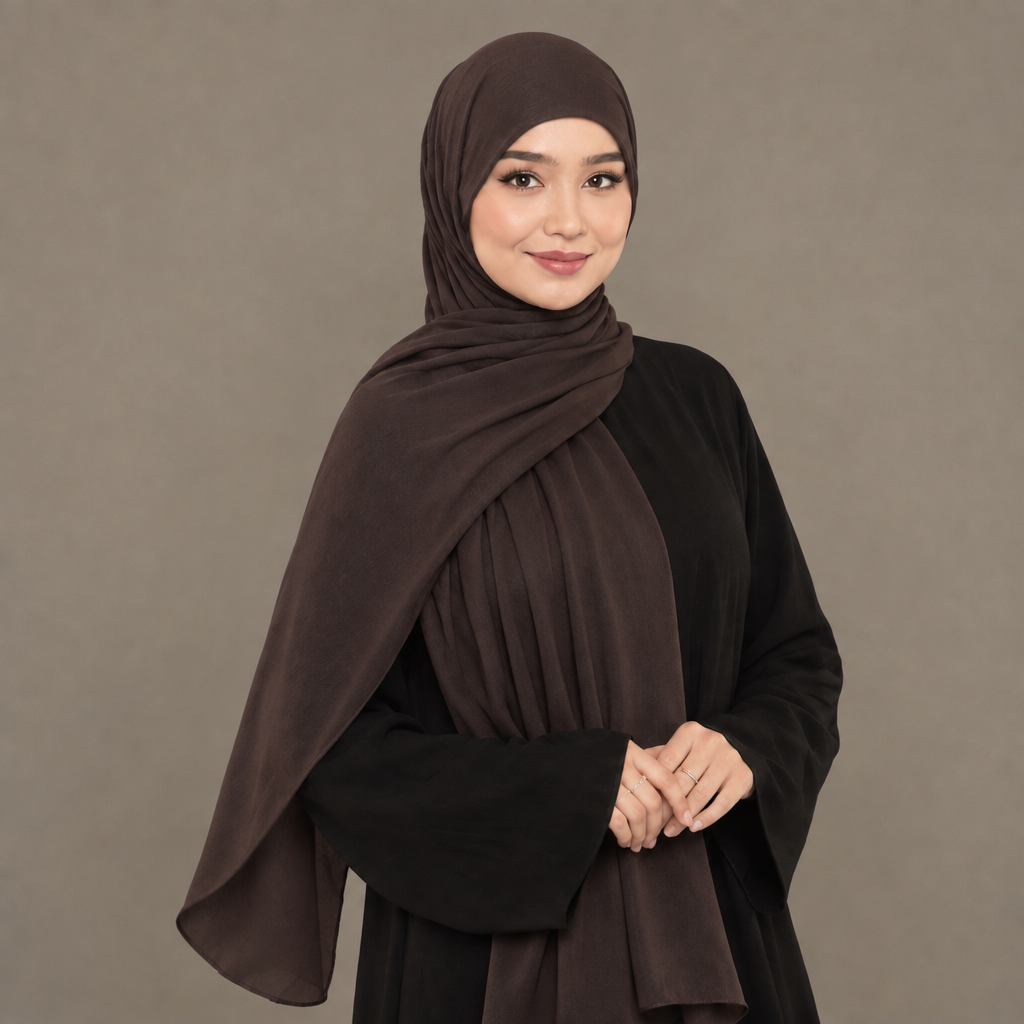 Model wearing a black coffee Kuwait jersey hijab