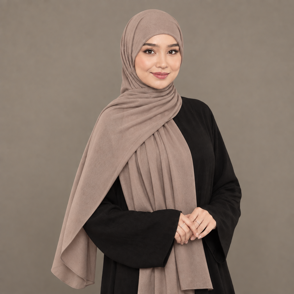Model wearing a mushroom beige Kuwait jersey hijab