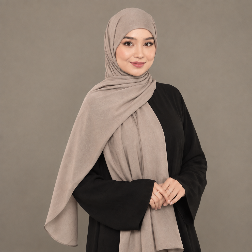 Model wearing a stone beige Kuwait jersey hijab