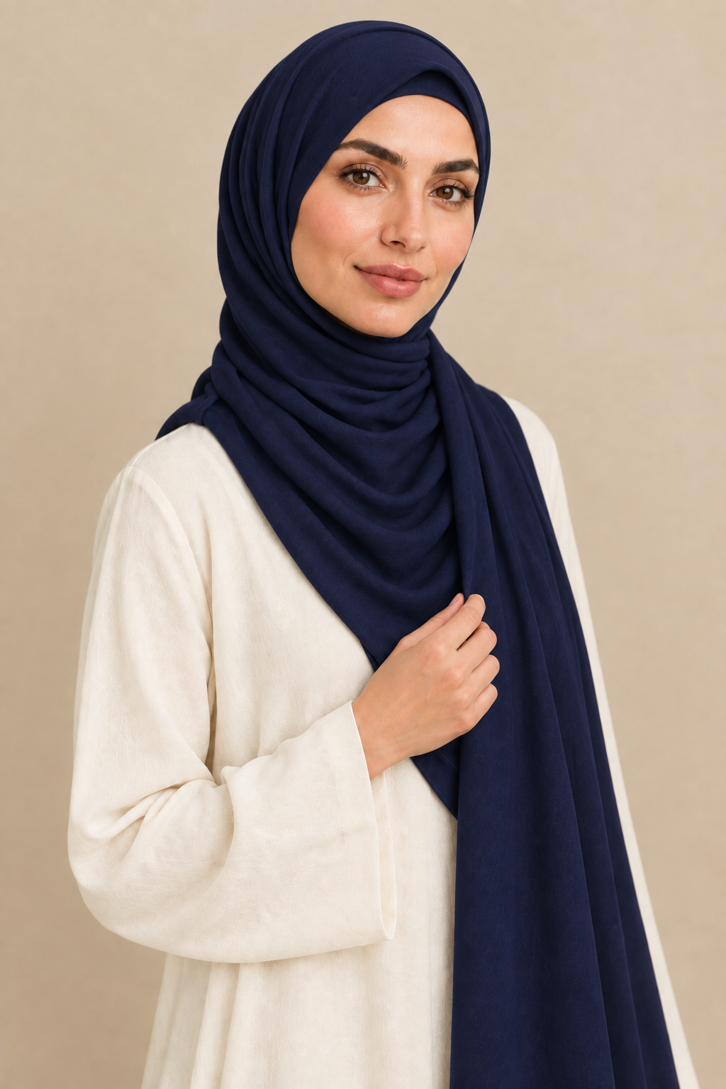Model wearing a Deep Navy dark blue modal hijab