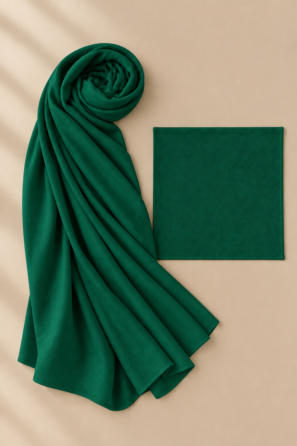 Emerald Green modal hijab beside its matching open square undercap